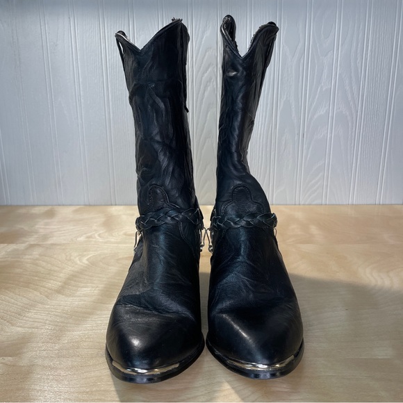 Vintage 80s Genuine Leather Cowboy Boots Braided Harness O-Ring Chain Metal Tip - Picture 4 of 11